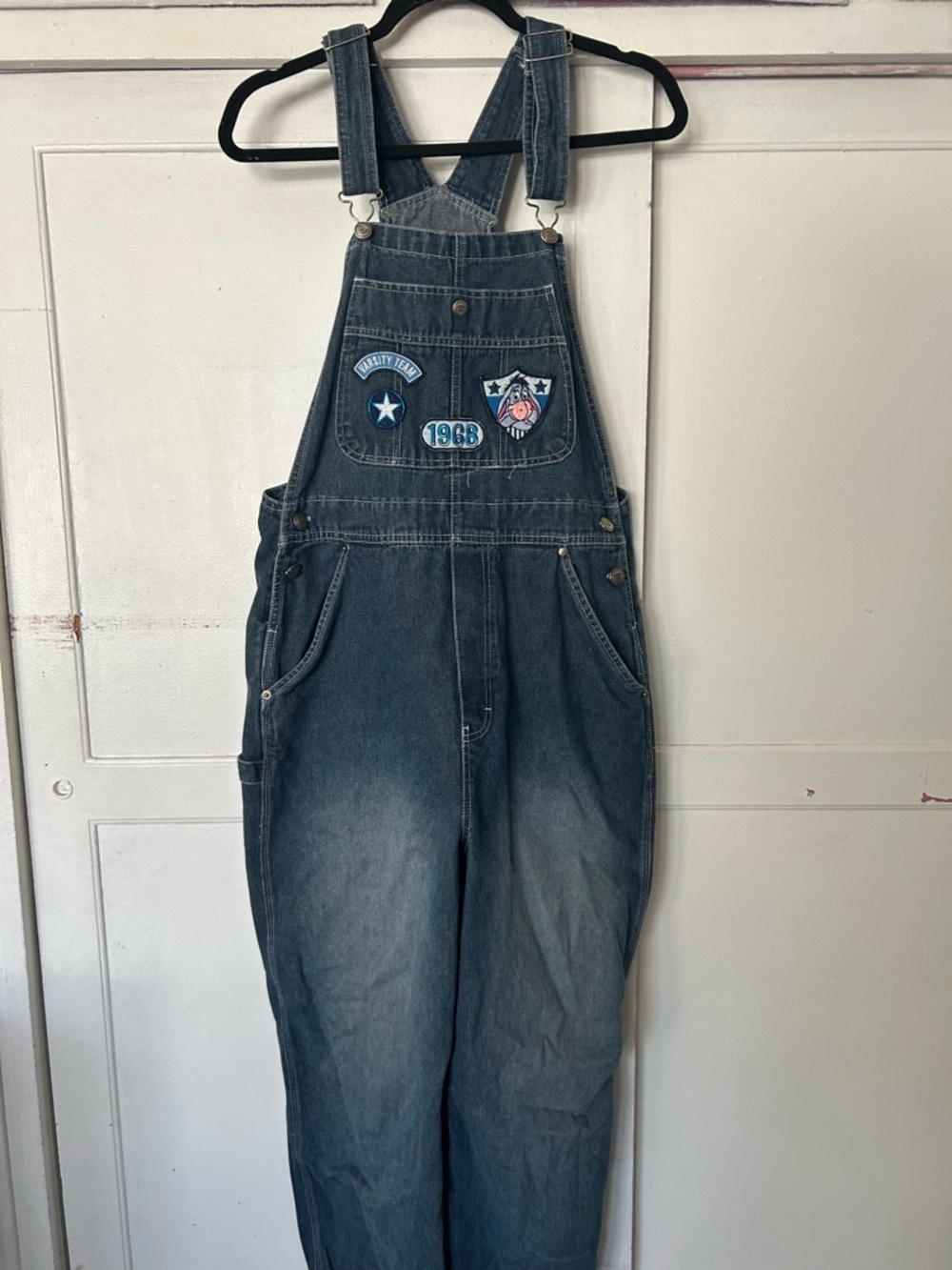 Disney Denim Overalls in Blue with Rainbow Logo